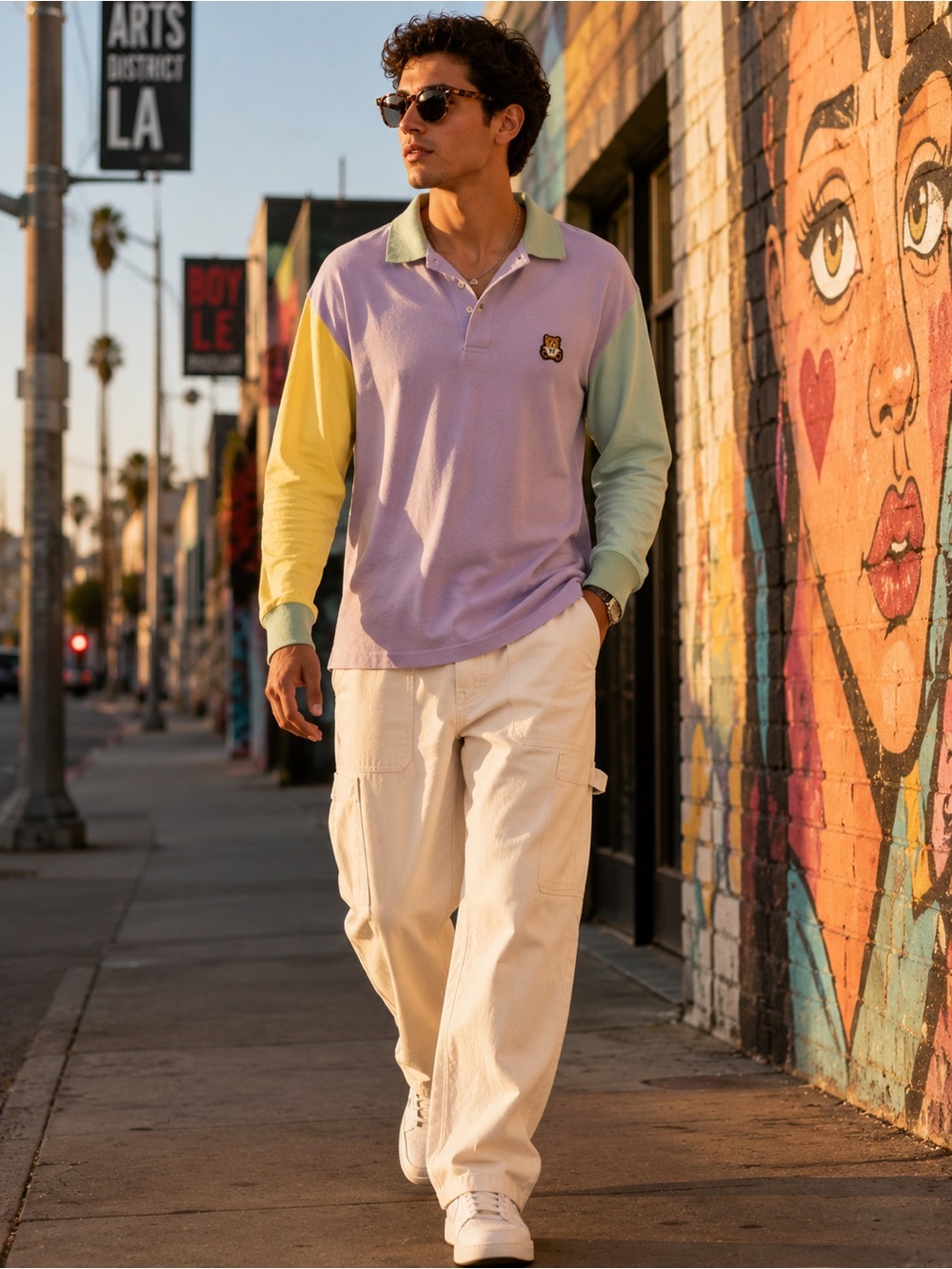 Teddy Fresh Colorblock Long Sleeve Polo Shirt Bear Logo Men’s Large